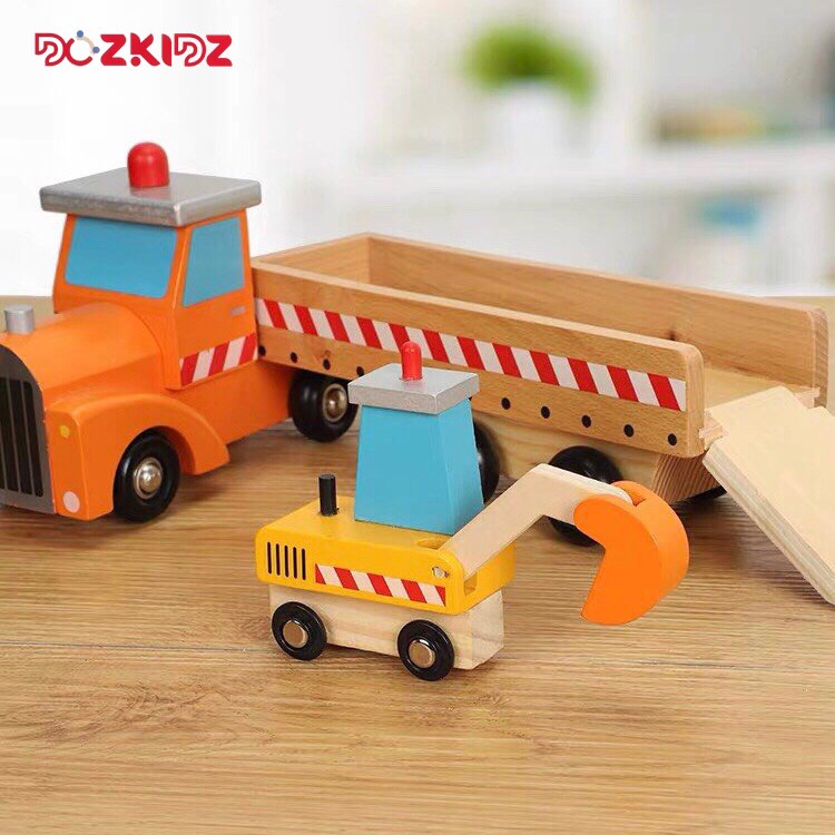 Đồ chơi ô tô công trường bé trai 1 tuổi trở lên, 1 bộ 3 xe gỗ tự nhiên cao cấp - DOZKIDZ