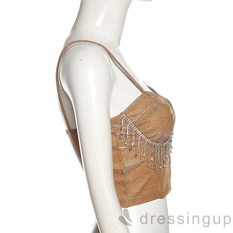 Áo không tay dáng ôm đính đá phối tua rua thời trang cho nữ