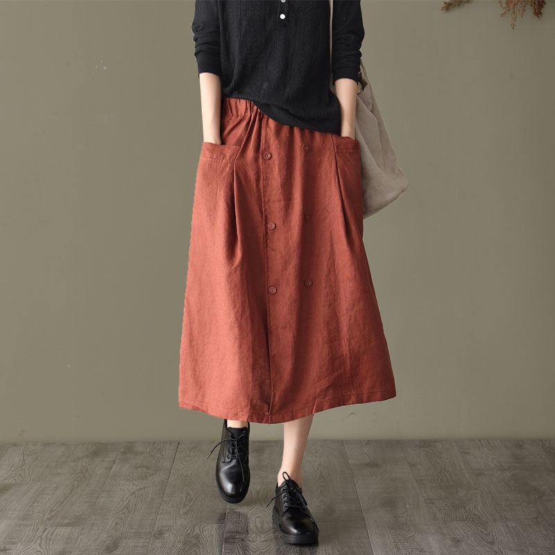 Chân Váy Chữ a Vải Cotton Lanh Dáng Rộng Màu Trơn Phối Hai Hàng Nút Thời Trang Cho Nữ