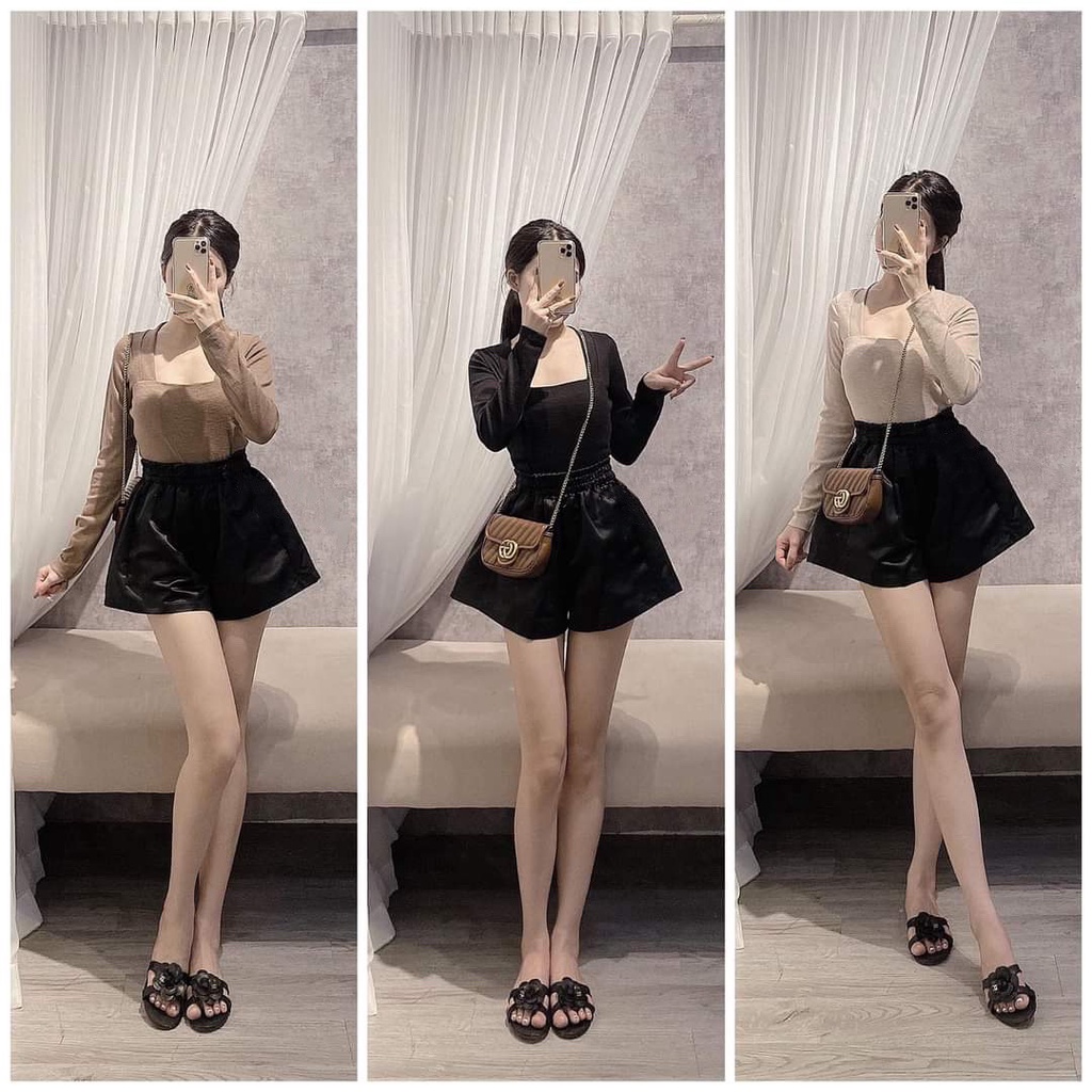 [ÁO KIỂU] Áo Thun Tăm Nữ Tay Dài Cổ Vuông, Cotton Ôm Body Mix Chân Váy Quần Siêu Xinh