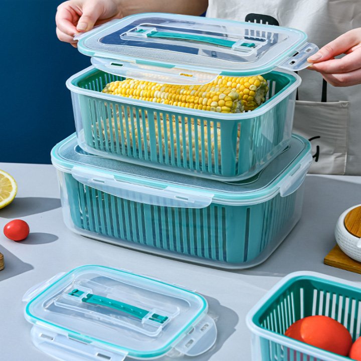 Set 5 hộp đựng rau củ , Bảo Quản Thực Phẩm trong tủ lạnh đa năng, có nắp đậy và khay giúp thực phẩm ráo nước