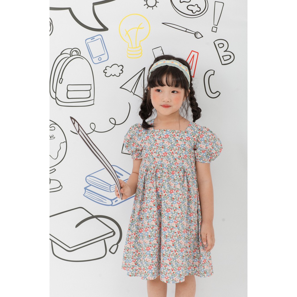 [LITTLE PINK] ANNA DRESS - Váy cổ vuông tay bồng bé gái