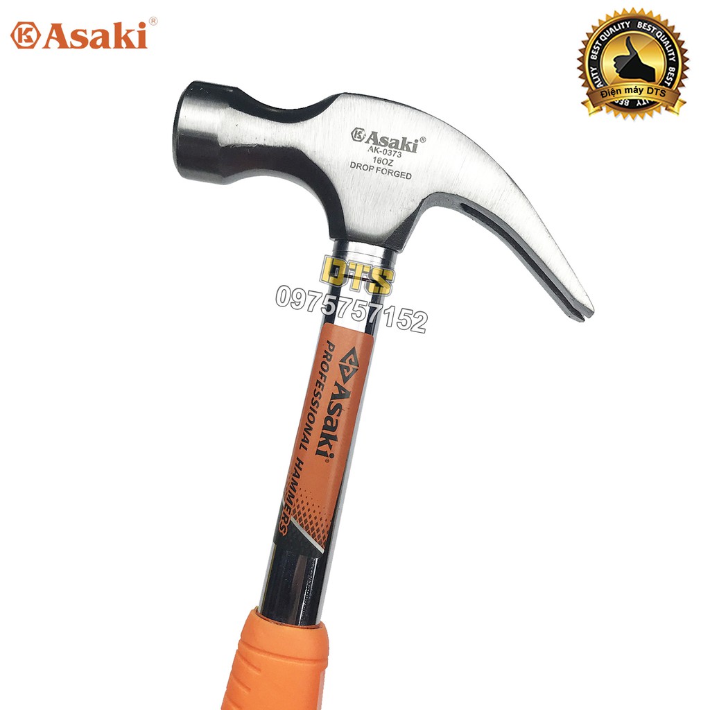 Búa sừng dê, búa nhổ đinh cán thép cứng 16oz/ 454g Asaki AK-0373 – Đầu đóng đinh đầu tròn thép siêu cứng