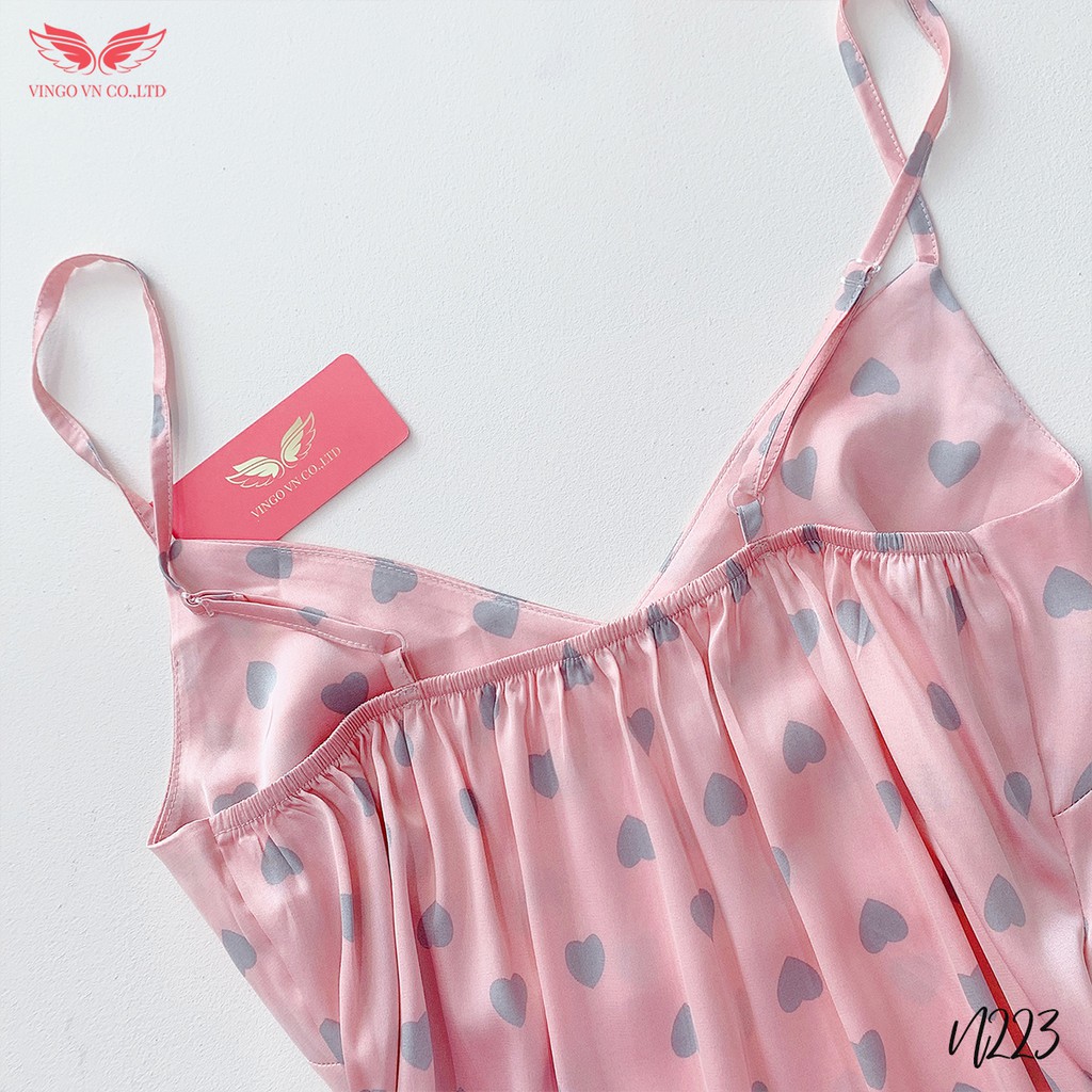 VINGO Váy Ngủ Hai Dây Nữ Lụa Hàn Liền Thân Xẻ Tà Một Bên Họa Tiết Tim Cao Cấp N223 VNGO | BigBuy360 - bigbuy360.vn
