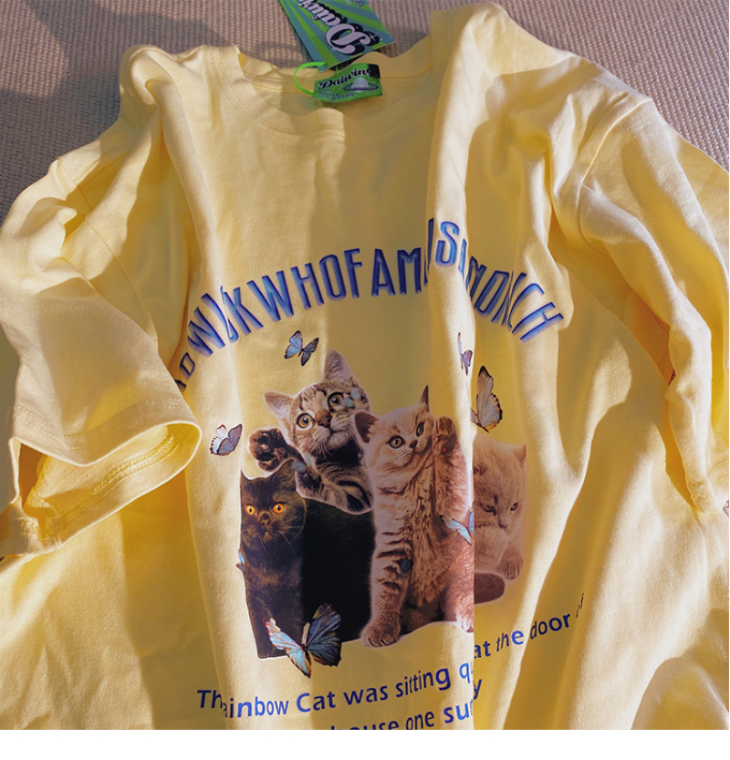 Áo Thun Nữ Tay Ngắn In Hình Mèo Phong Cách Retro