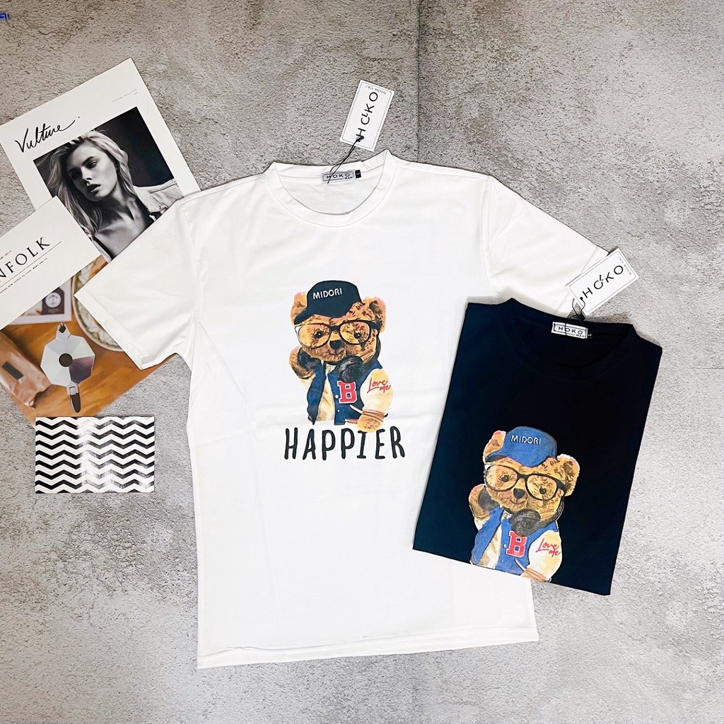 SimpleMan - Áo thun nam tay ngắn in hình Teddy cổ tròn cotton co giãn form đẹp Gấu Happier
