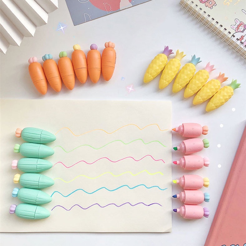 Set 6 bút đánh dấu RUIXIANG màu sắc khác nhau thiết kế trái cây củ quả hoạt hình tùy chọn đáng yêu