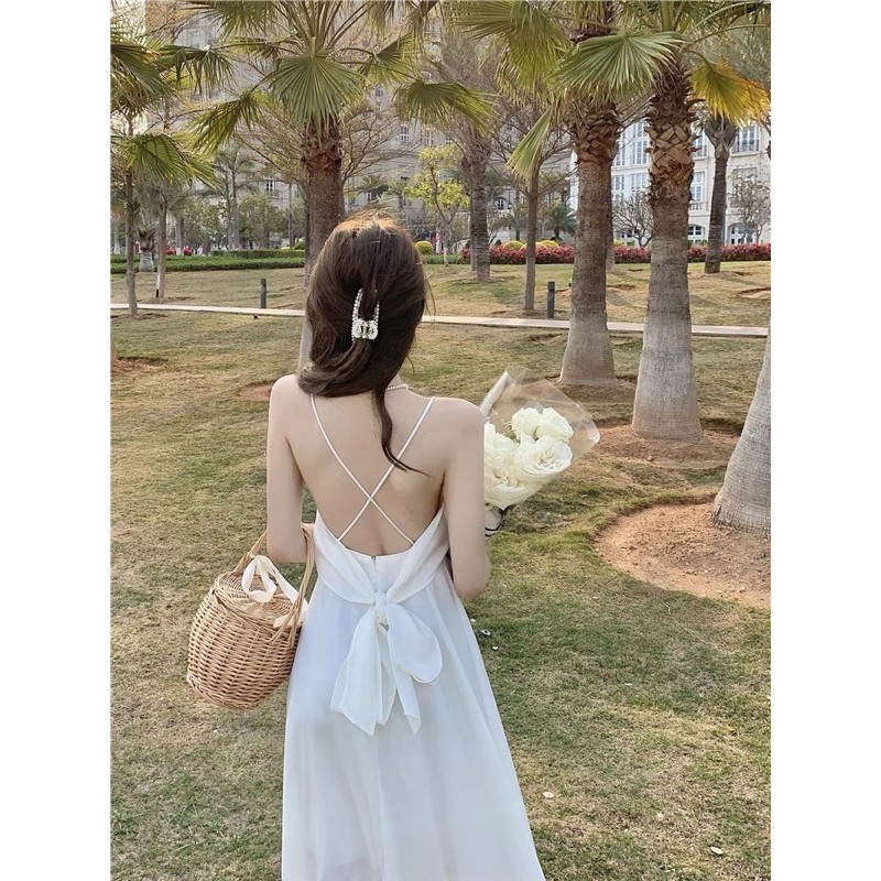 Váy maxi hai dây nơ sau màu trắng | BigBuy360 - bigbuy360.vn