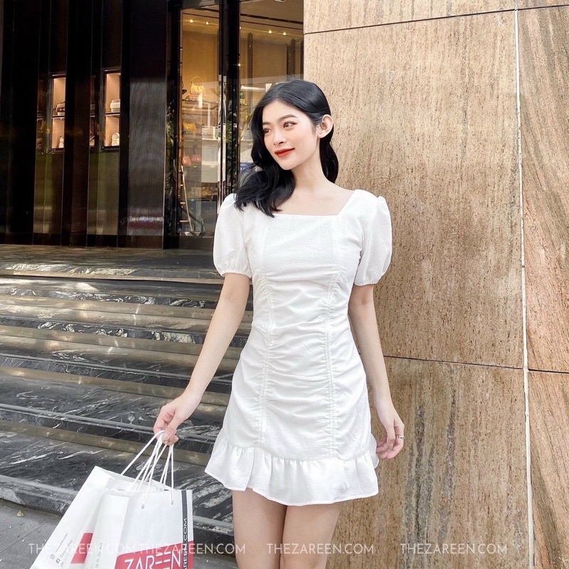 Đầm nhúng đuôi cá hai màu, Đầm đuôi cá kiểu xéo nhúng cổ vuôngđắp tay ngắn phồng GB alohashop91