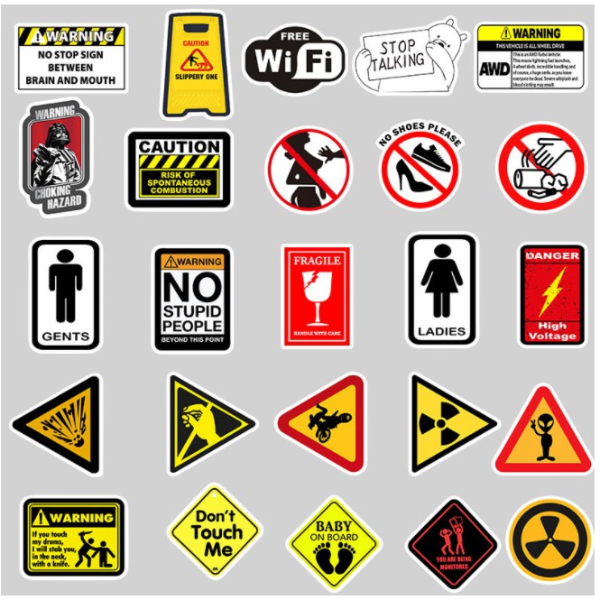 Sticker BIỂN BÁO nhựa PVC không thấm nước, dán nón bảo hiểm, laptop, điện thoại, Vali, xe