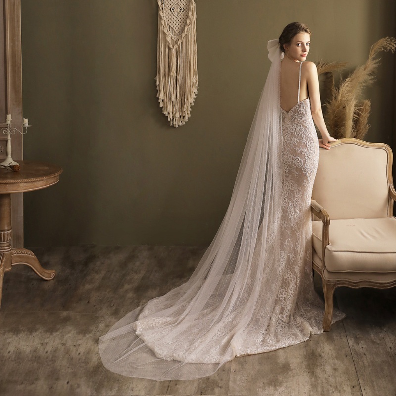 Mạng Che Mặt Vải Tuyn Chấm Bi Kèm Dây Ruy Băng Trang Trí Tóc Cho Cô Dâu