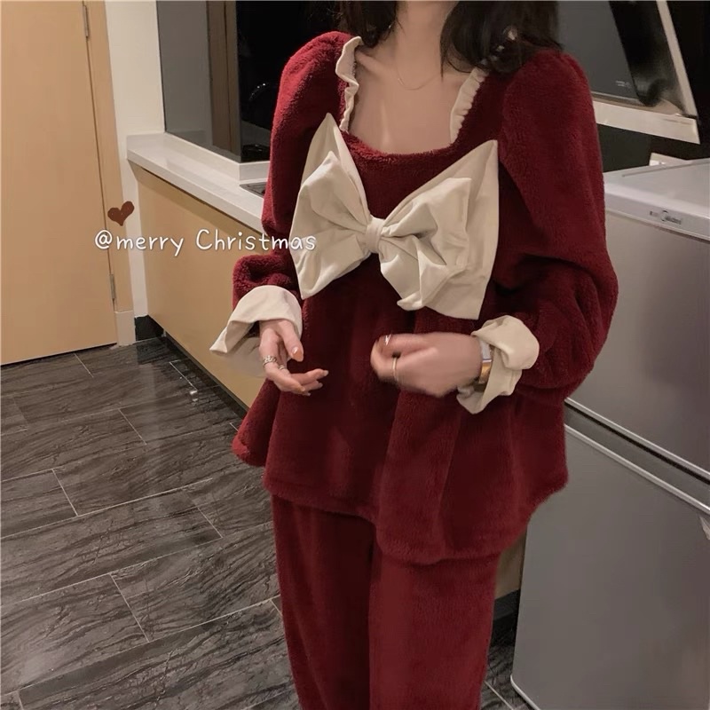 Bộ ngủ bông nơ đỏ lông mịn sang chảnh điệu đà phù hợp ở nhà và đi chơi#15