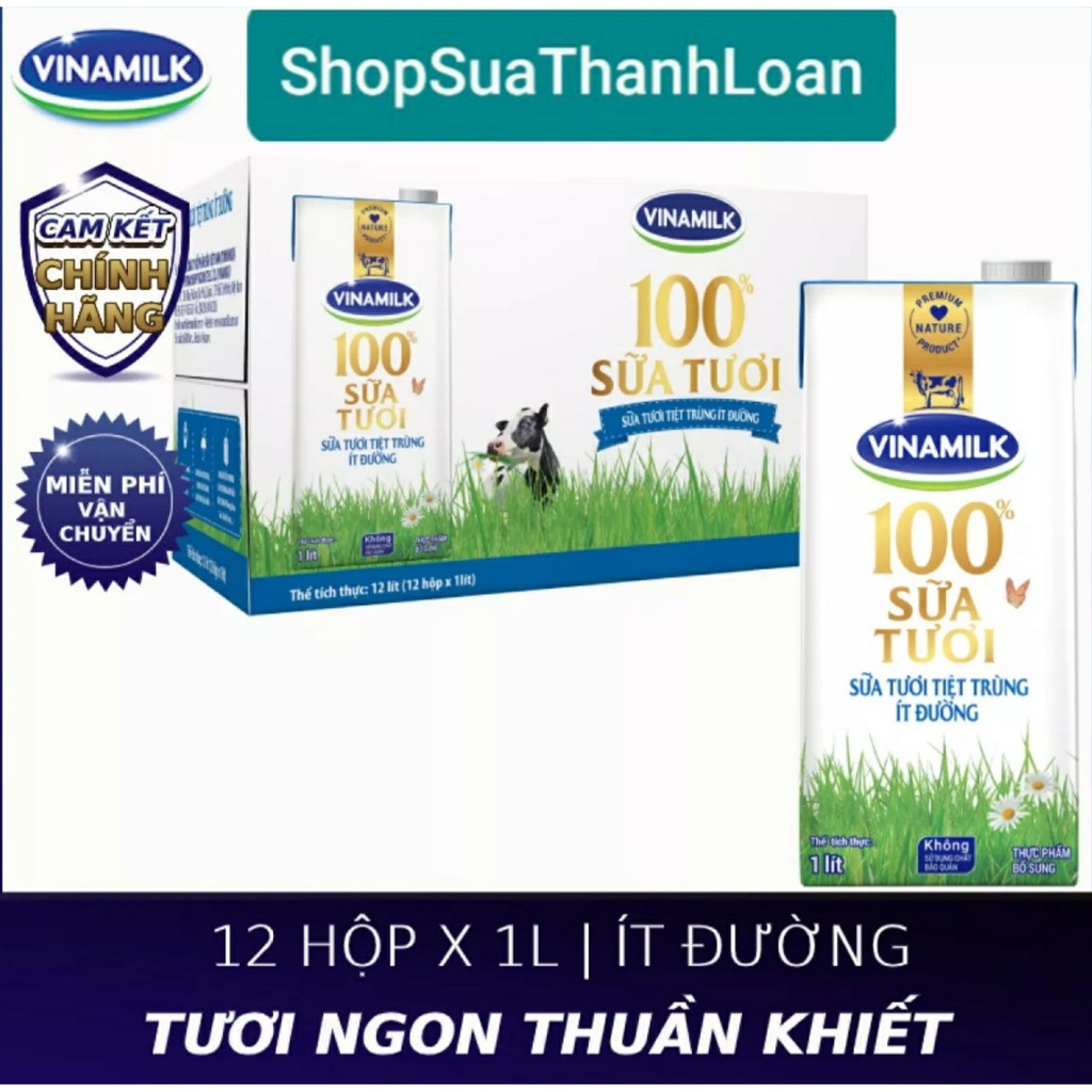 [HSD T9-2022] Thùng 12 Hộp Sữa tươi tiệt trùng Vinamilk 100% Ít Đường -  Hộp giấy 1L