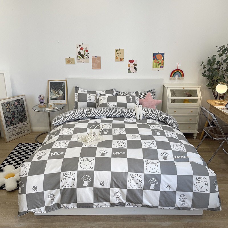 [RẺ VÔ ĐỊCH] Bộ chăn ga gối drap giường chất cotton poly họa tiết gấu caro