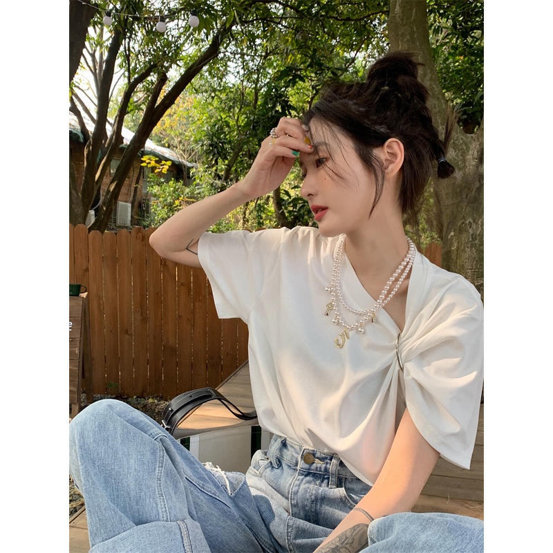 QADCOL Áo Thun Dáng Rộng In Chữ Phối Khóa Kim Loại Thời Trang Cho Nữ