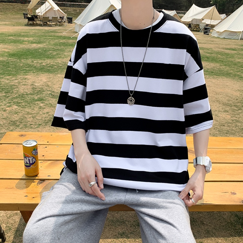 Áo Thun Thể Thao plus size Tay Ngắn Dáng Rộng Kẻ Sọc Phong Cách Hàn Quốc Cho Nam