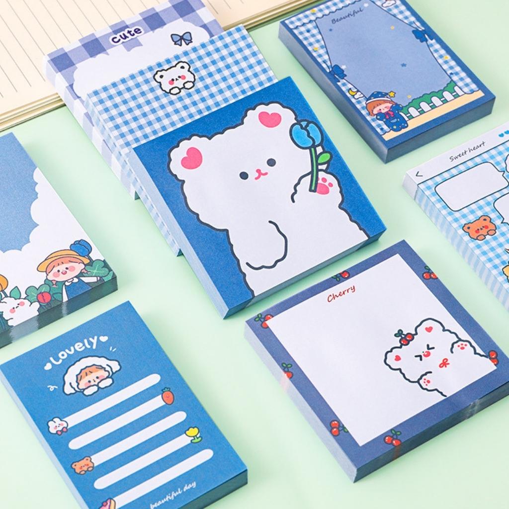 Giấy Note Ghi Chú Dễ Thương EDUSKY Tập 80 Tờ Họa Tiết Gấu Hoạt Hình Cute Kích Thước 8x8 cm Và 9X6 cm