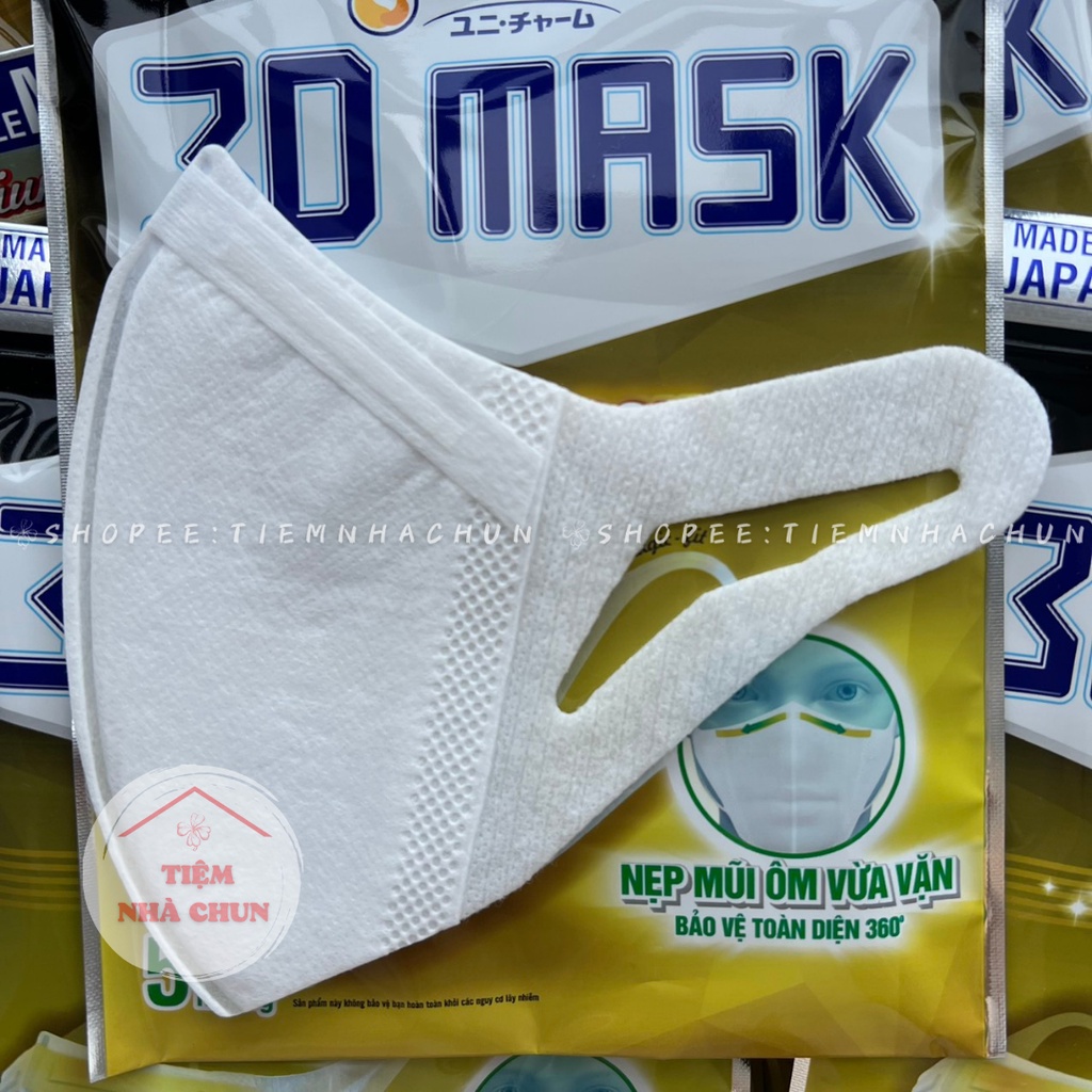Khẩu trang Unicharm 3D Mask Max Block nẹp mũi Nhật Bản siêu bảo vệ ngăn bụi mịn PM2.5 Gói 5 Miếng size M