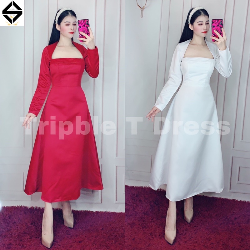 Đầm midi dự tiệc tay dài TRIPBLE T DRESS cổ chéo - size S/M/L - MS279V