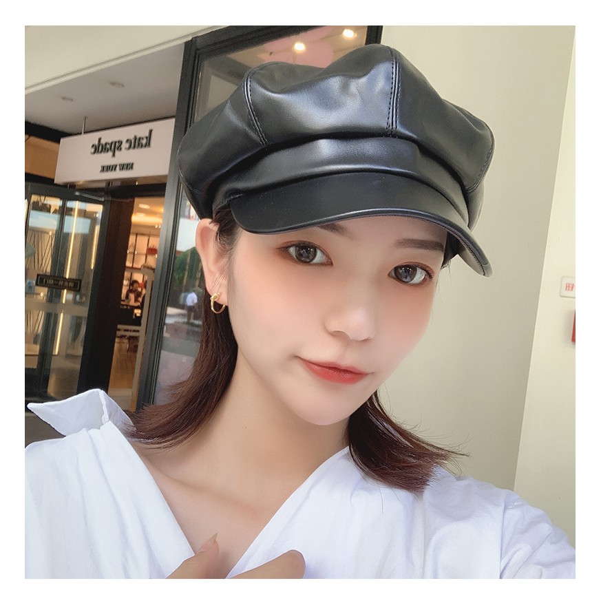 Mũ nồi da Baker Boy Nón beret da PU Bóng Cá tính Ulzzang Hàn Quốc Thủy thủ Thời trang