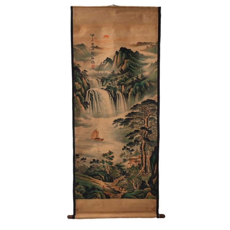 Tranh giả cổ Sơn thủy của họa sĩ Trịnh Bản Kiều, Tranh giấy xuyến chỉ viền bo lụa size lớn 155 x 74cm