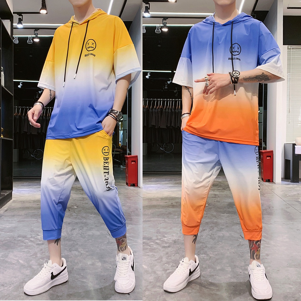 Bộ Quần Áo Nam Ngắn Tay Có Mũ Phối Quần Lửng Họa Tiết Loang Màu Sành Điệu Phá Cách Nổi Bật Zenkocs3 QA NAM 105