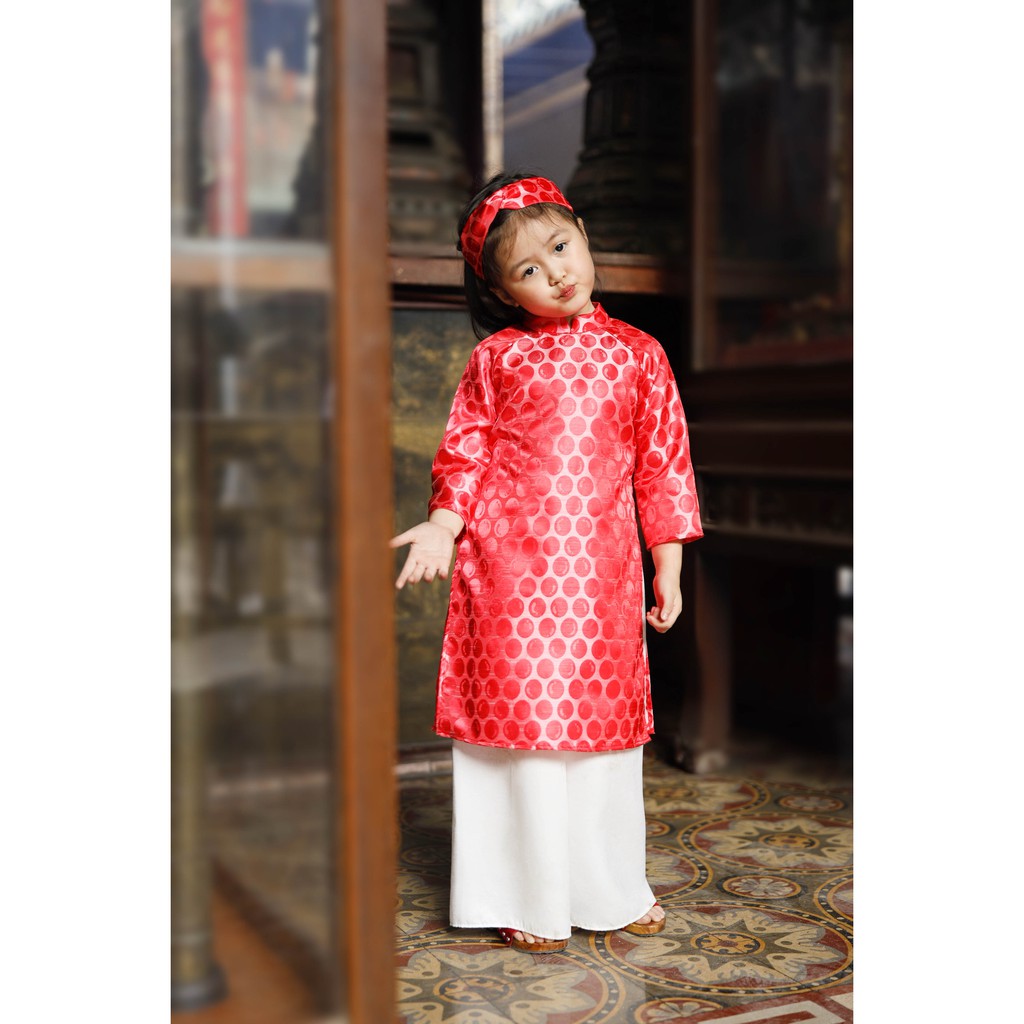 Set áo dài cho bé gái BYZU kiểu áo dài cách tân cô ba Sài Gòn, chất liệu gấm cao cấp họa tiết chấm bi đỏ