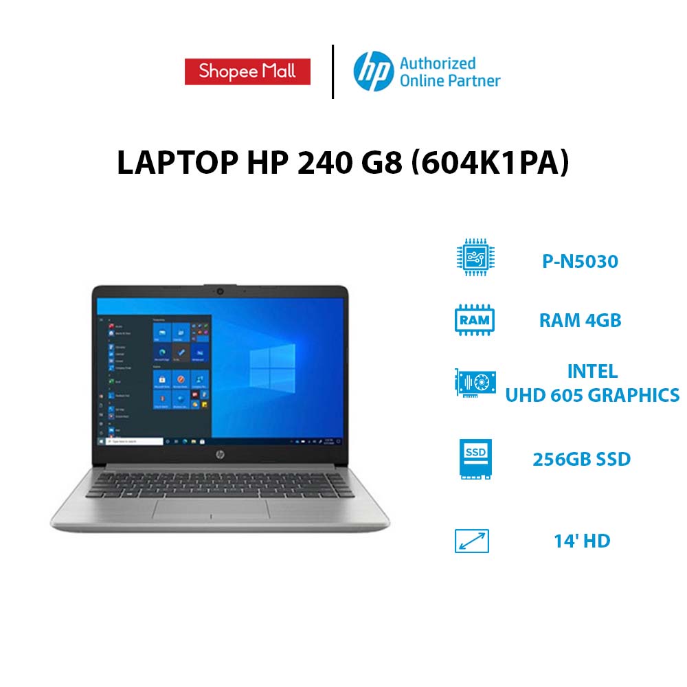 [Mã ELHP13 giảm 10%]Laptop HP 240 G8 (604K1PA) (P-N5030 | 4GB | 256GB | Intel UHD 605 Graphics | 14' HD | Win 10)