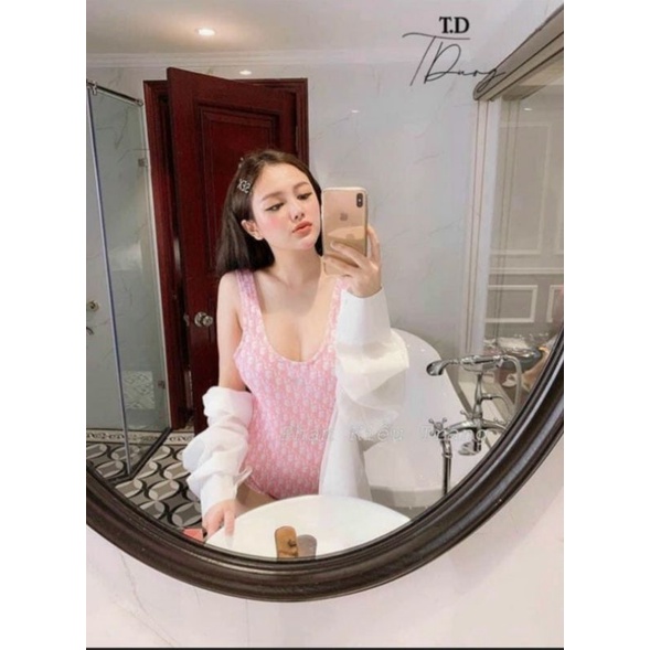Bikini đi biển, bộ bơi liền mảnh hở lưng Dior 2 màu hồng, xanh Vivi Shop