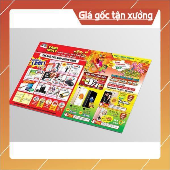 In tờ rơi A5 giá rẻ Kt ( 14,5 x 21cm) : A4 ( 20,5 x29,7cm) in 4 màu 2 mặt lấy trong ngày. In chất lượng cao, đẹp, rẻ