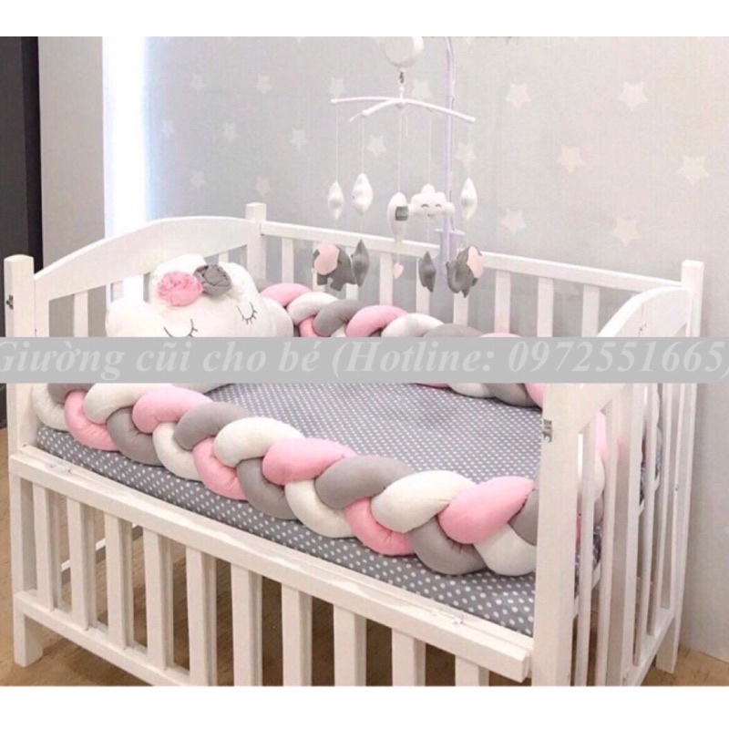 Bộ cũi đủ phụ kiện: cũi,đệm,ga,quây xoắn, gối mây, treo nôi phát nhạc