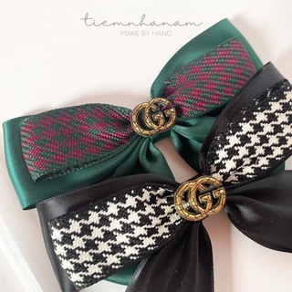 🎀 KẸP TÓC NƠ TẦNG HOẠ TIẾT HOUNDSTOOTH ĐÍNH ĐÁ - [ Nhà Nấm handmade ]