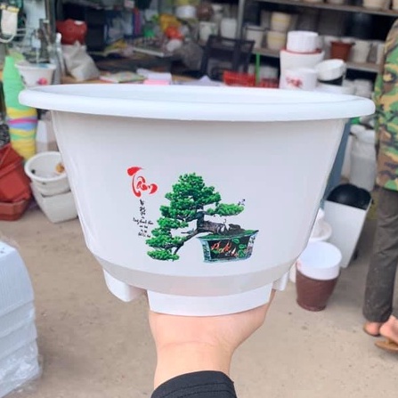 (33x19cm) Chậu nhựa tròn loe có chân in họa tiết hoa 3D siêu đẹp, dày dặn, không phai (LDM33)