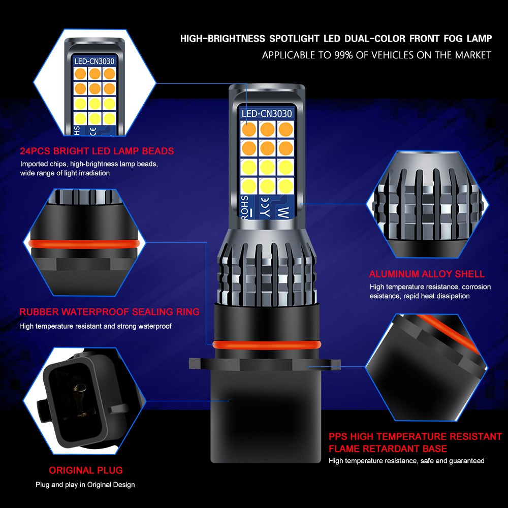 Đèn sương mù LED ô tô hai màu 24SMD P13W 4 chế độ chiếu sáng tự động nhấp nháy