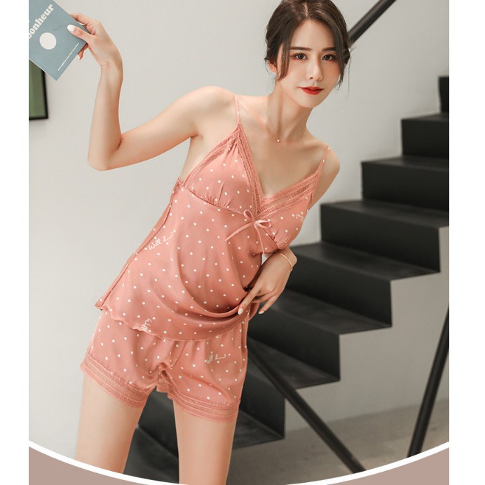 Bộ ngủ lụa chấm bi (quần và áo)