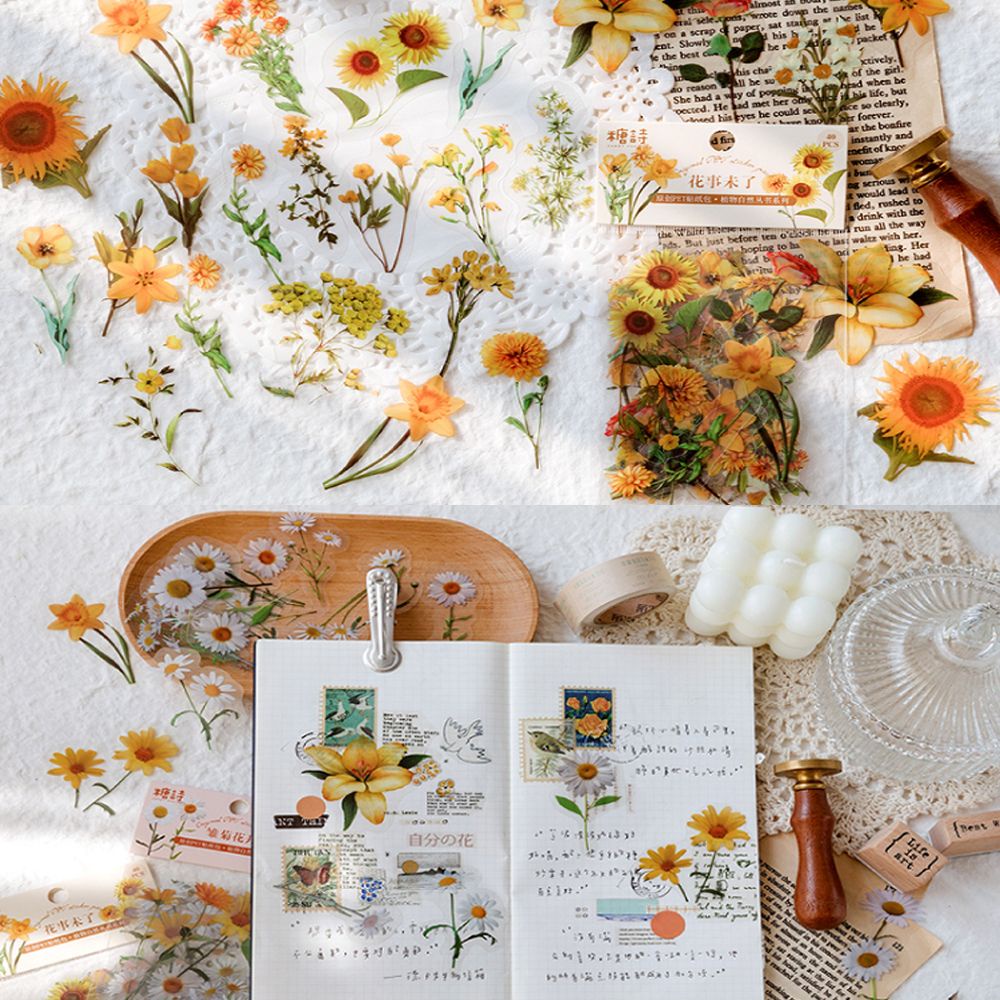 Bộ 40 nhãn dán hình thực vật hoa lá trang trí sổ lưu niệm sổ tay dễ thương xinh xắn chất liệu nhựa PET