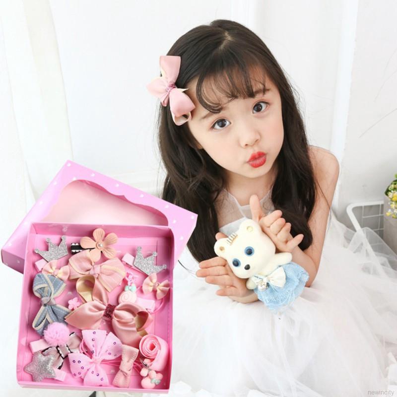 Set 18 phụ kiện tóc phối nơ nhiều kiểu phong cách công chúa cho bé gái