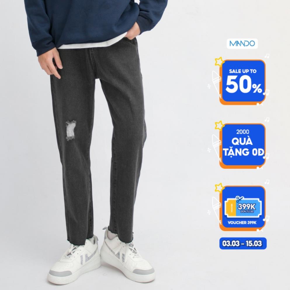 Quần Jean Nam MANDO Rách Gối Quần Bò Ống Suông Form Rộng Kiểu Dáng Basic Unisex Thời Trang Hàn Quốc QJ38 *