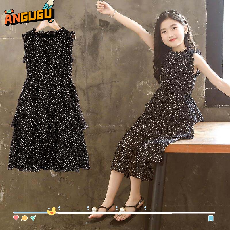Đầm Chiffon Không Tay Họa Tiết Chấm Bi Gợn Sóng Phong Cách Hàn Quốc Mới Cho Bé Gái