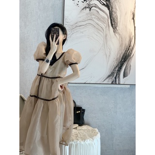 Summer bubble high-end dress women's long loose show thin fairy minority skirt bubble sleeve design style
