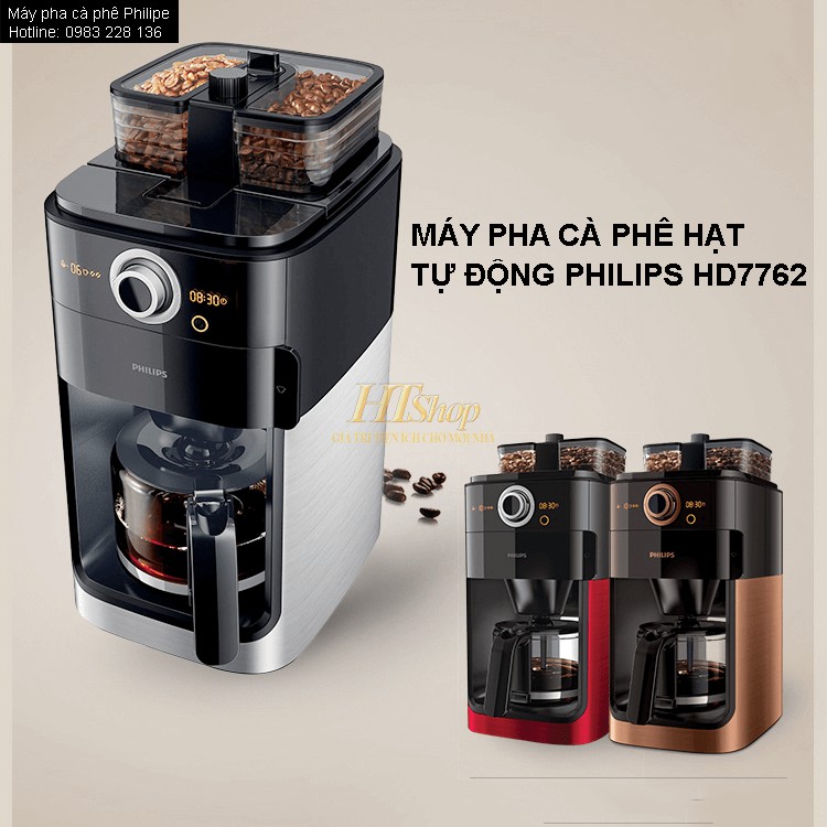 Máy pha cà phê Philips HD7762/Tự động xay và pha cà phê hạt/Máy có chức năng hẹn giờ và giữ ấm cho cà phê