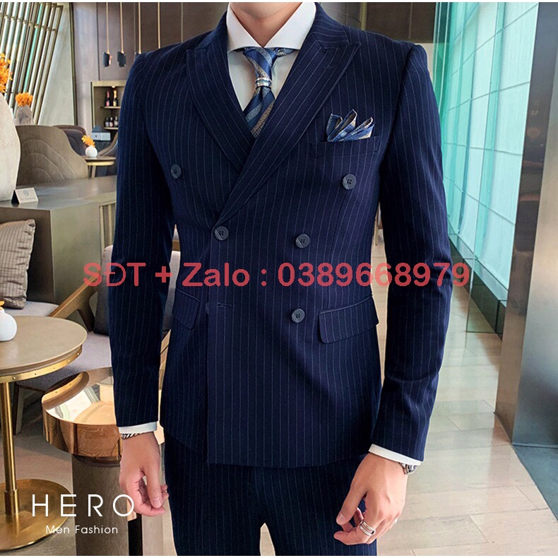 Vest Nam Hàn Quốc Kẻ Sọc, Bộ Vest Nam Kẻ Sọc Xanh Than, Suit Nam, Bộ Suit Nam Chất vải sịn