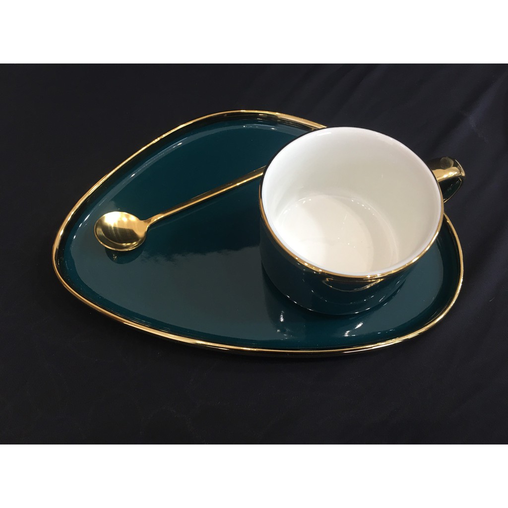 Set cốc cà phê và đĩa ăn sáng ♥️ 𝑭𝑹𝑬𝑬 𝑺𝑯𝑰𝑷 ♥️ set cốc đĩa sứ kèm thìa mạ vàng phong cách Bắc Âu