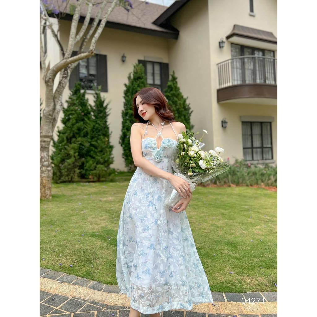 Đầm dài cổ yếm xòe dây hoa 04271 - Đầm nữ thời trang