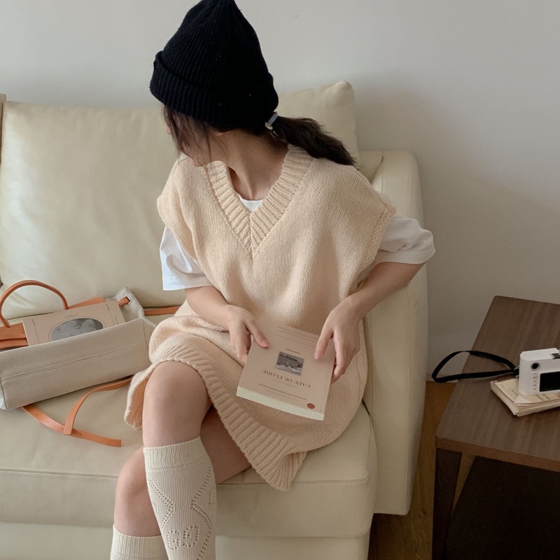 Áo Sweater Dệt Kim Không Tay Cổ Chữ v Phong Cách Hàn Quốc Dành Cho Nữ
