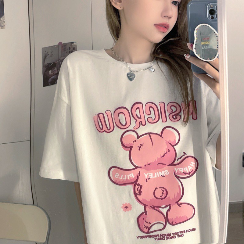 Áo Thun Tay Ngắn Cổ Tròn Dáng Rộng In Họa Tiết Hoạt Hình Dễ Thương Cho Nữ