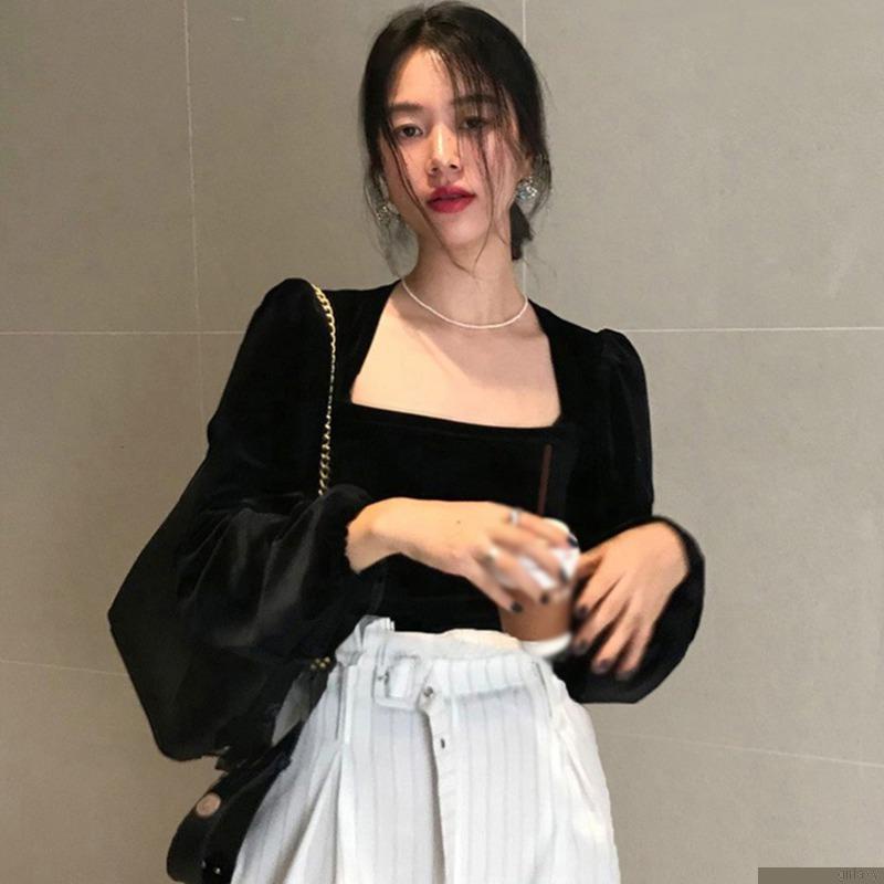 Áo thun tay dài cổ vuông màu sắc thanh lịch thời trang cho nữ