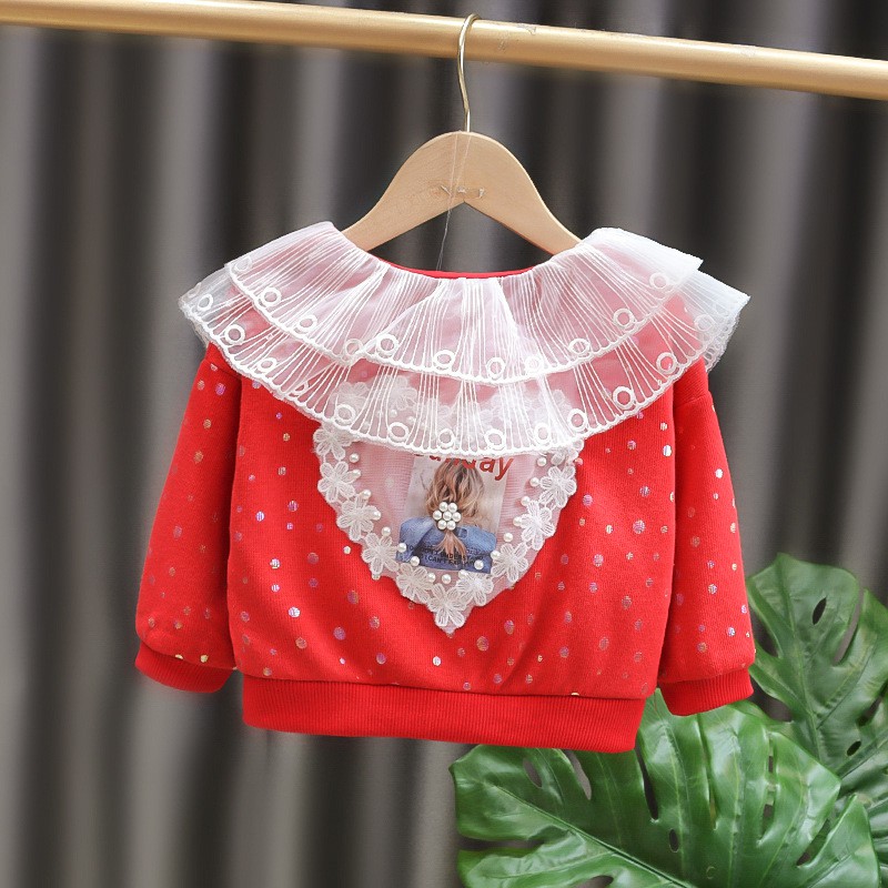 Áo khoác bé gái size 6-16kg họa tiết chấm bi phối cổ ren điệu đà  AK25