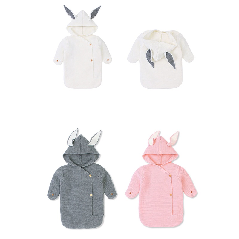 Chăn Quấn Em Bé Bằng Cotton Dệt Kim Hình Tai Thỏ Dễ Thương