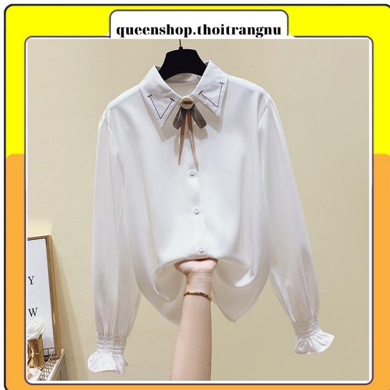 Sơ mi nữ cổ thêu viền tay bo chun kiểu dáng công sở chất vải đẹp không nhăn Queenshop